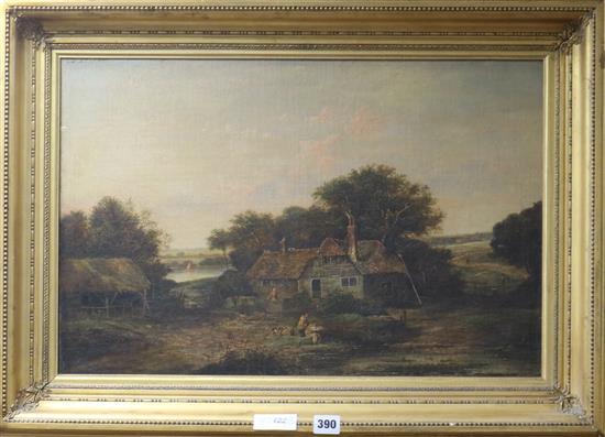 After Nasmyth, oil on canvas laid on board, figures fishing by a pond, 40 x 58cm